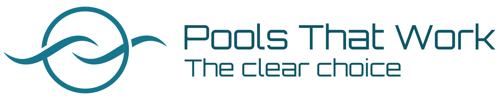 The image features a logo with a modern design. It includes a stylised wave icon and the text 'Pools That Work' alongside the tagline 'The clear choice'. The colour scheme is a soothing teal against a white background.